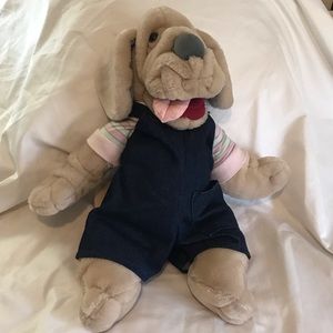 Vintage 1981 Ganz Bros Wrinkles The Dog Hand Puppet Plush Overalls Striped  17”